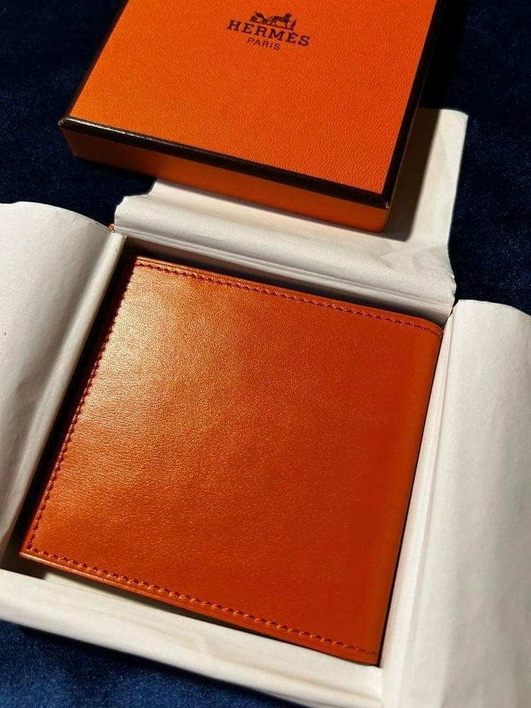HERMES Leather Compact Mirror Orange Double Sided Embossed logo Present JAPAN