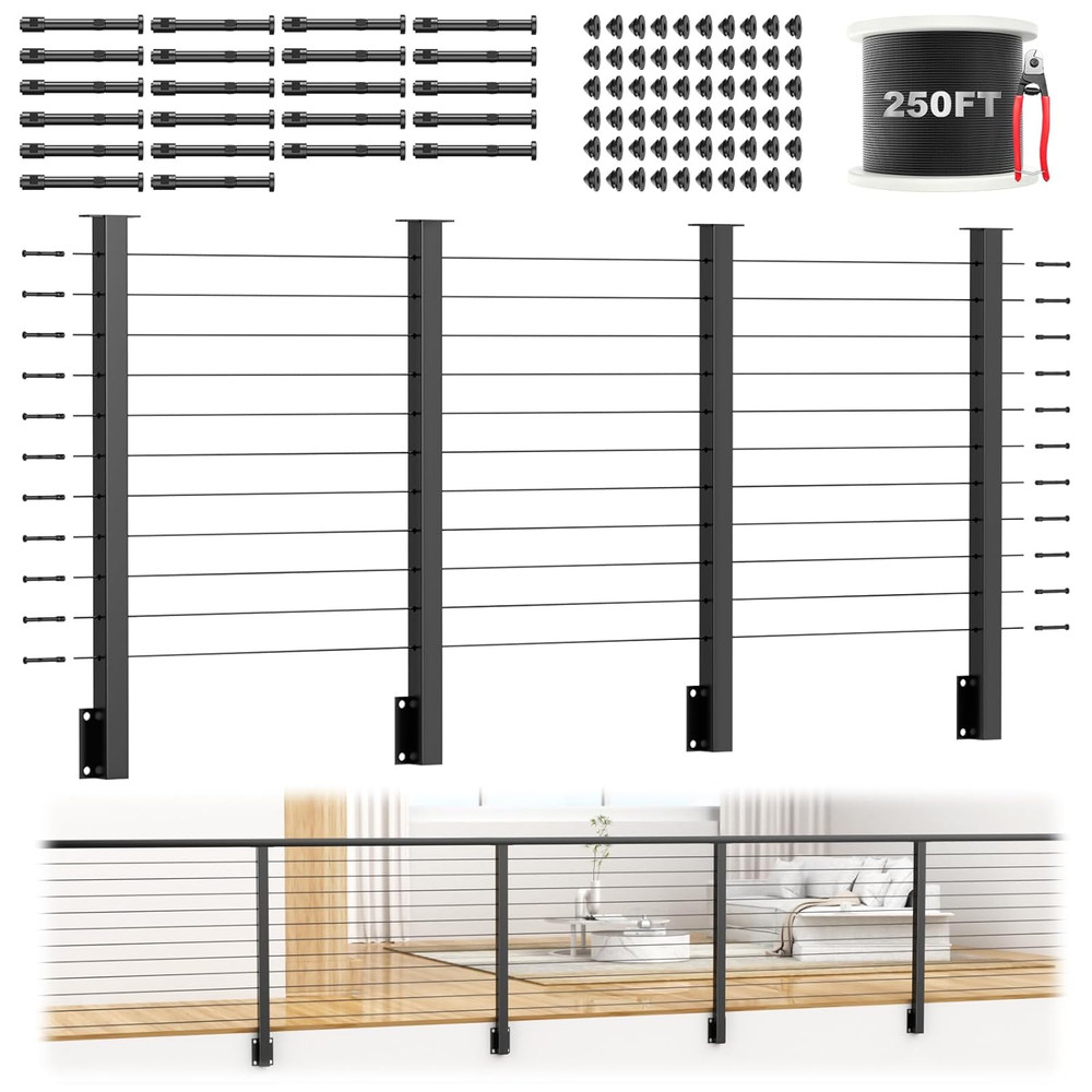 36" Side Mount Railing Post Kit with Stainless Steel Cable - 12-20Ft, 4 Pack