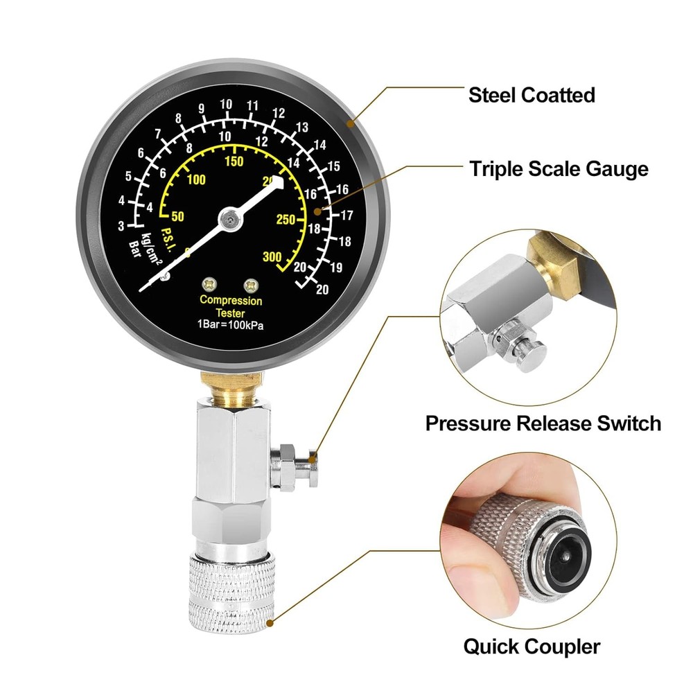 Professional 300PSI Compression Tester with Spark Plug & Adapter Kit for Engines
