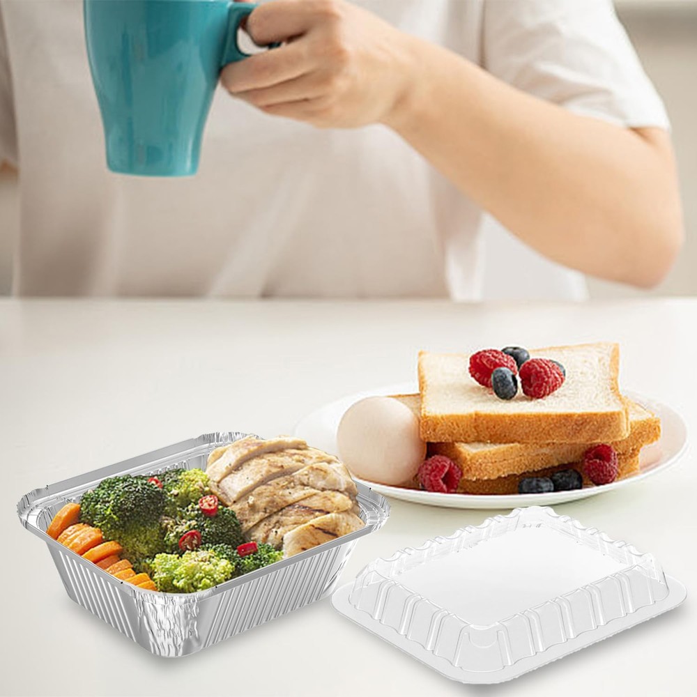 100 Pack 1 Lb Rectangular Disposable Aluminum Foil Pans with Dome Lids