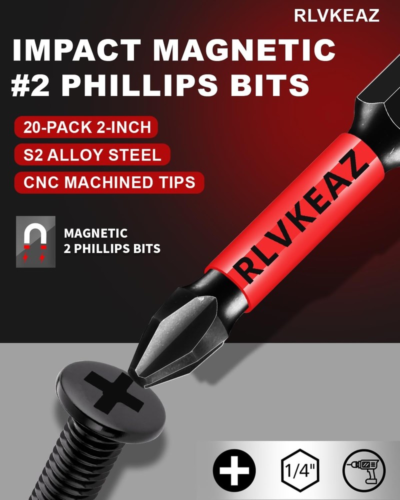 20-PCS Phillips Bits #2 Impact, Magnetic 2'' 20pcs phillips bits #2, Black