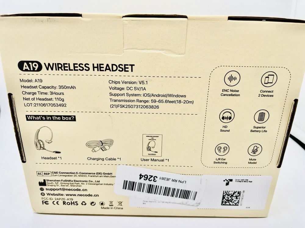 Necode A19 Bluetooth Wireless Headset Boom Mic ENC Noise Cancellation HD Sound