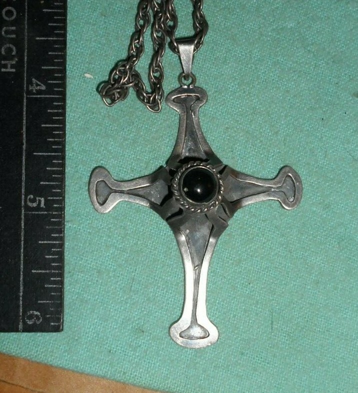 Signed Sterling Silver Cross Necklace With Raised Stone Eagle 3 21" Chain