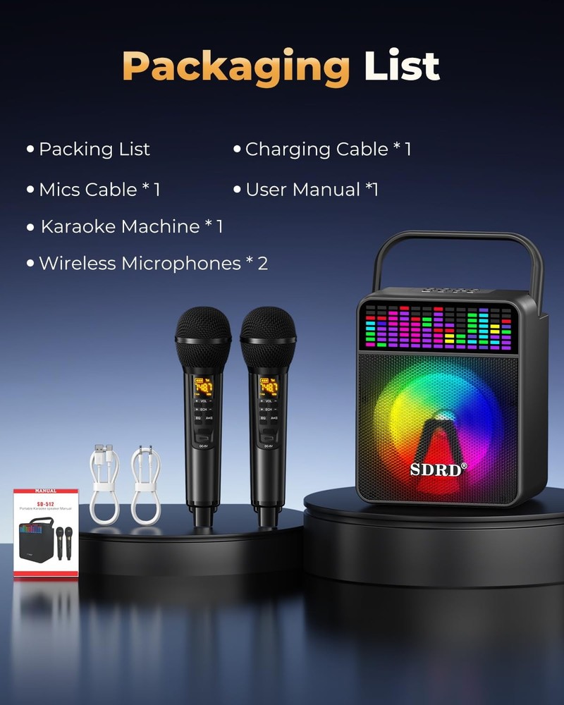 Karaoke Machine with 2 Wireless Mics, SD-512 Powerful Loud Sound, Bluetooth, ...
