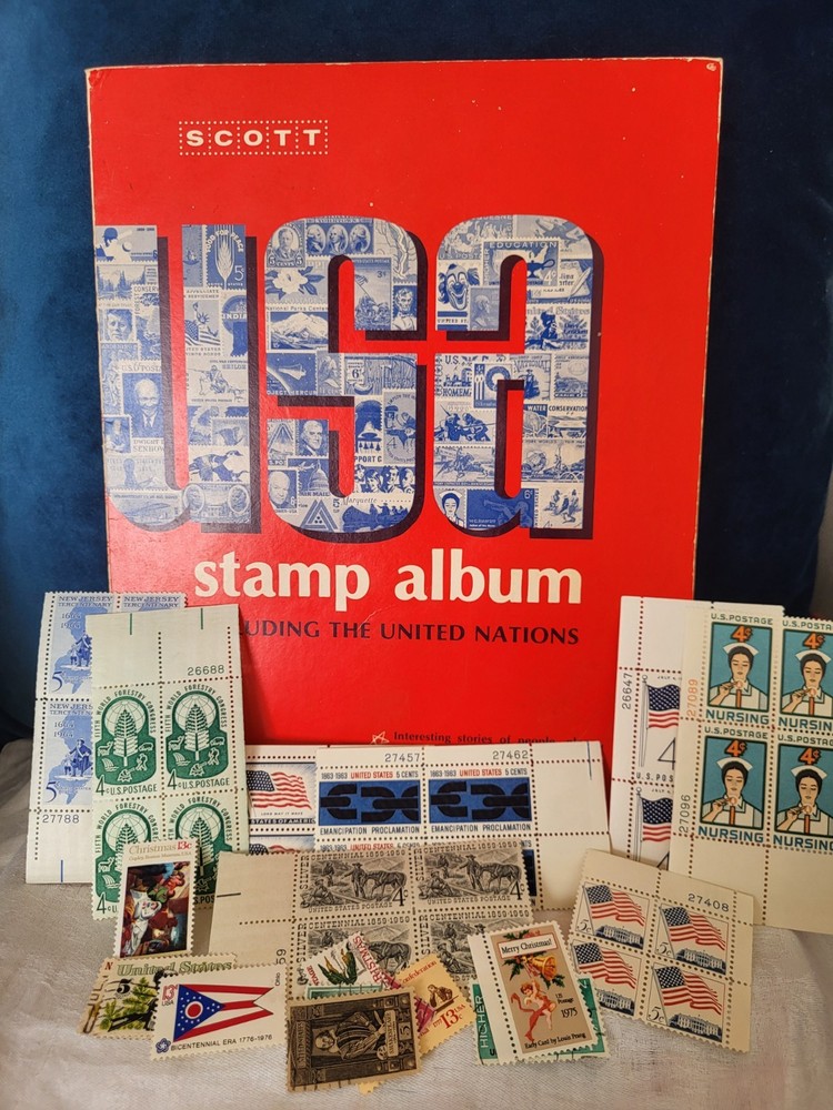 Scott USA stamp album 1973 softcover plus 8 blocks of 4 and randoms