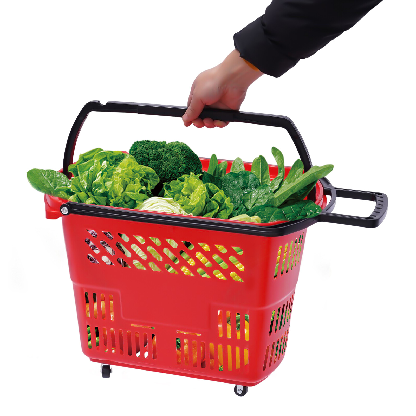 6Pcs Red Rolling Shopping Basket Plastic Rolling Shopping Carts with Handle 35L