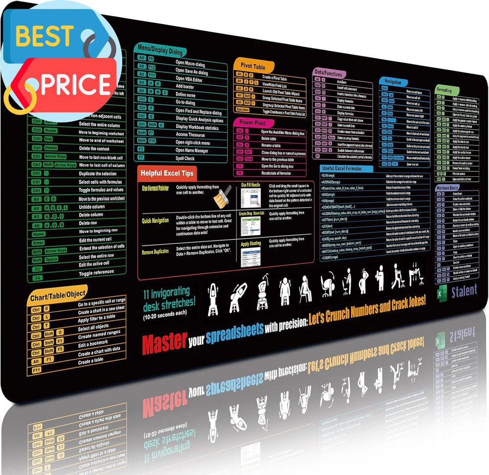 Excel Cheat Sheet Desk Pad, Updated Shortcuts Mouse Pad (31.5"X11.8") | Keyboard