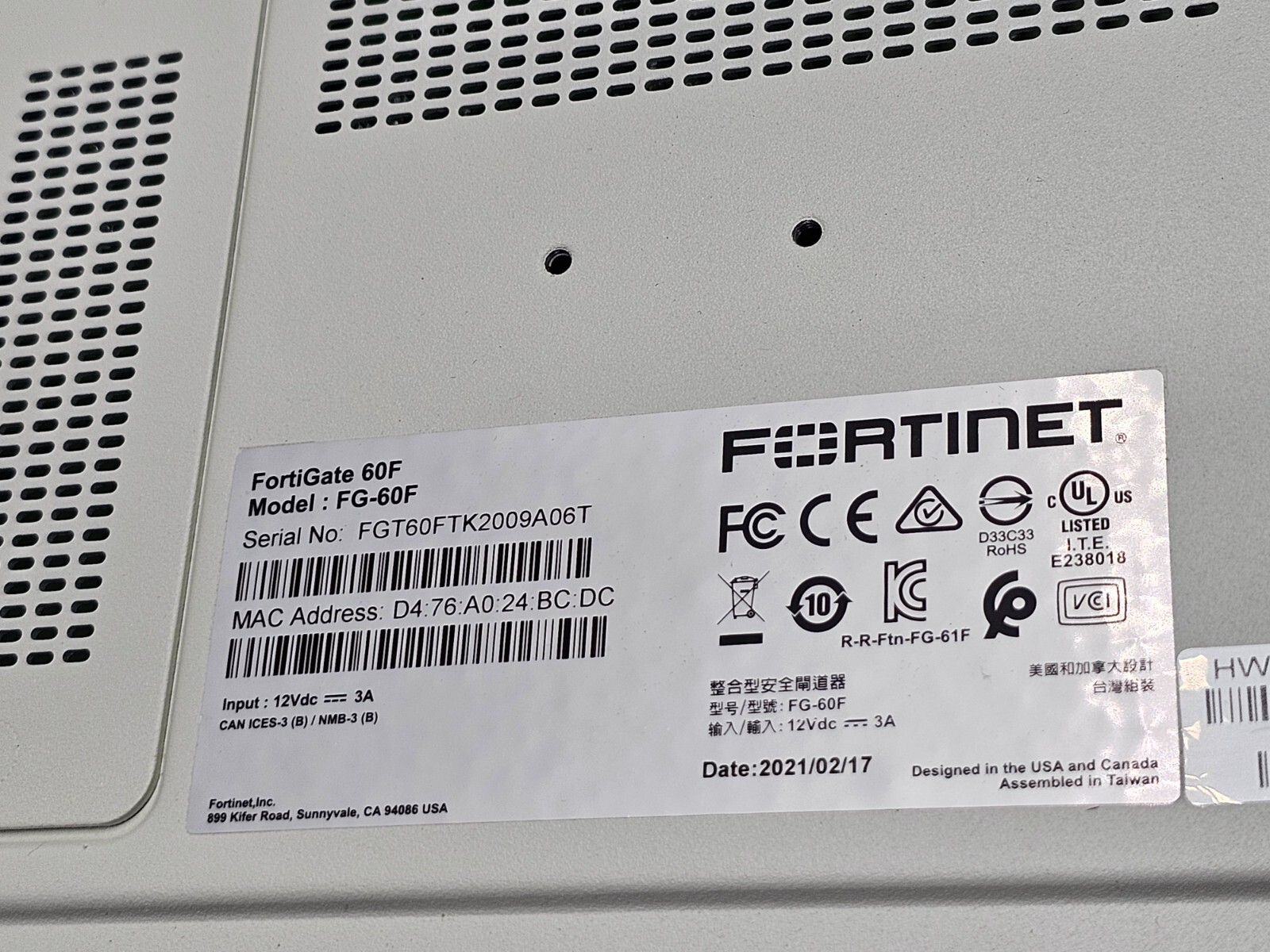 Fortinet FortiGate FG-60F Network Firewall Switch FG-60F-BDL-950-36