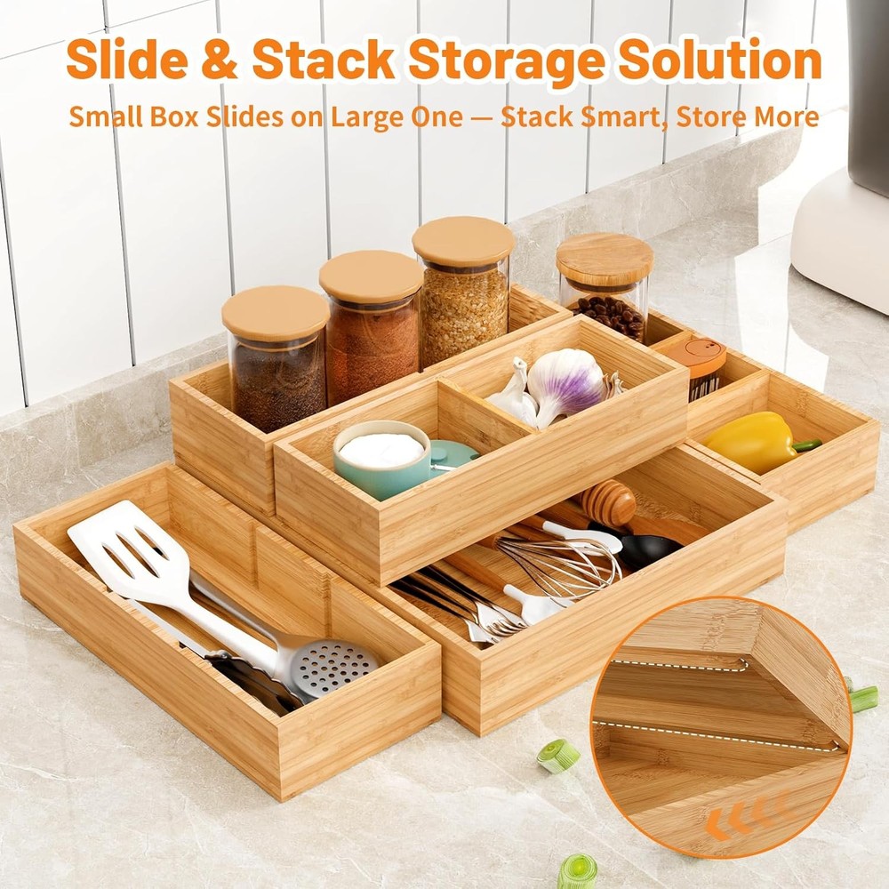 SpaceWhisper 5-Piece Bamboo Drawer Organizer, Stackable Storage for Kitchen,
