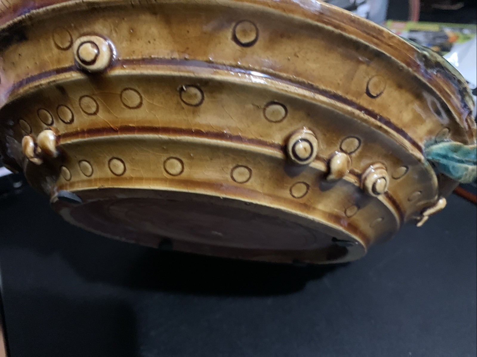 Vintage Mission Style Pottery Dragonfly Collectable Art Pottery Green Bowl 11"