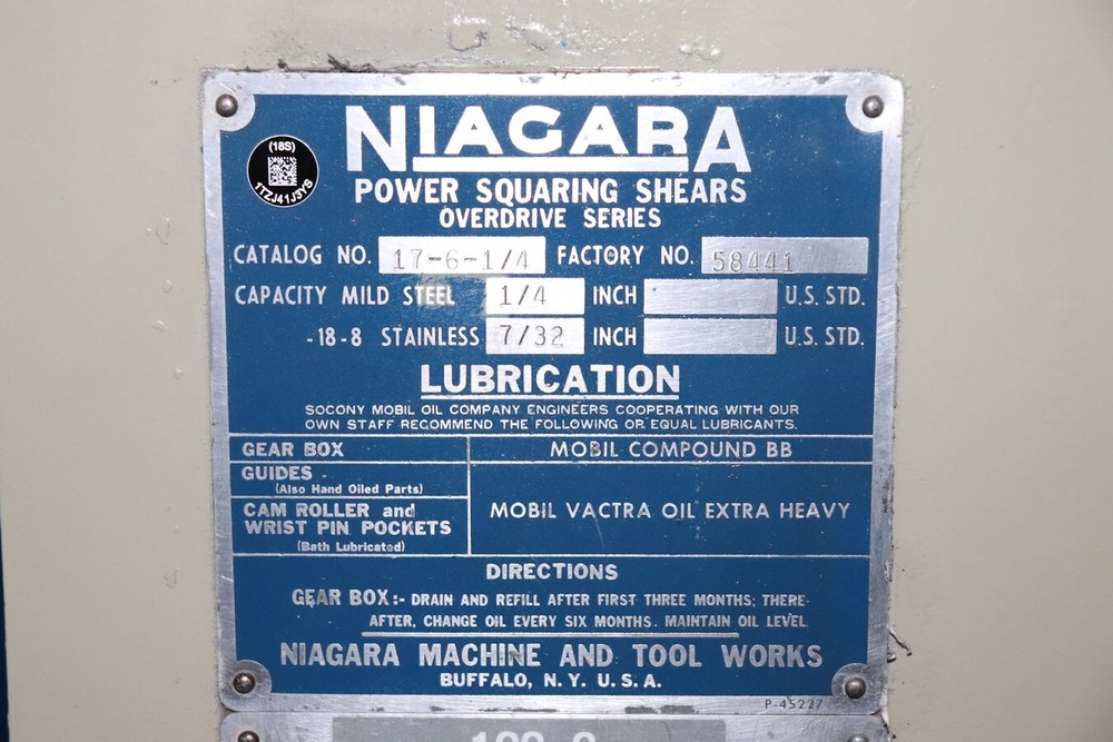Niagara 17-6 Power Squaring Shear - 6' x 1/4"