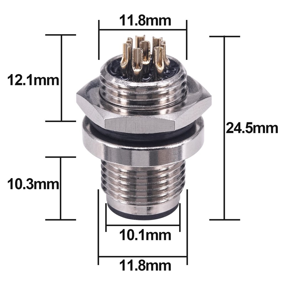 M12 Panel Type Male Socket Connector 8 Pin Aviation Panel Back Mount Wire Cable