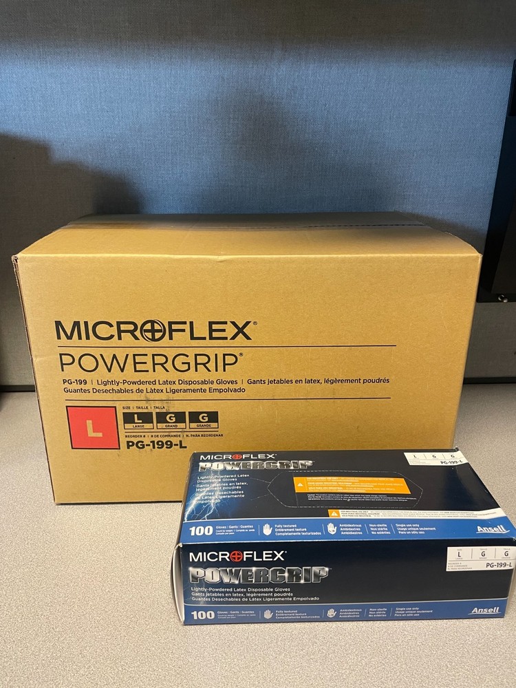 CASE MICROFLEX PG-199 LARGE POWERGRIP LIGHTLY POWDERED LATEX GLOVES - 10 BOXES