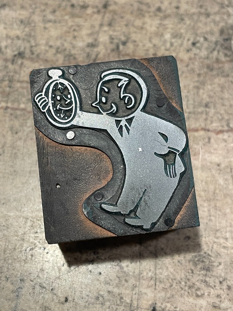 Printing Letterpress Printers Block Man With Smiling Clock / Time (1187)