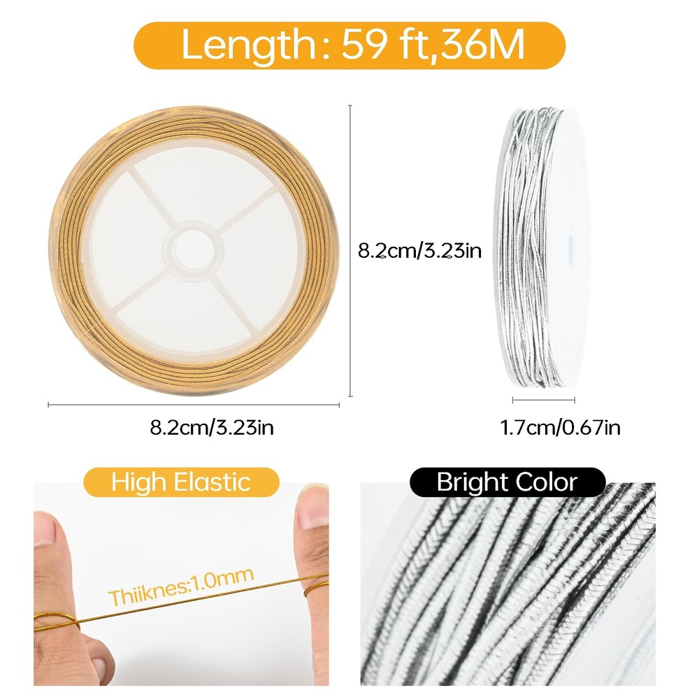 2 Rolls Metallic Elastic Cords String Gold Silver and