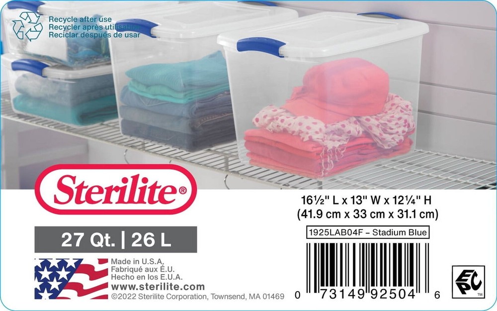 4 Pack 27Qt Blue Stackable Storage Box Durable Containers Bin with Latching Lids