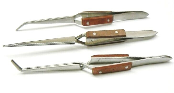 Fiber Grip Cross Lock Tweezers Self Closing 6" Set - Curved + 90° + Straight Tip