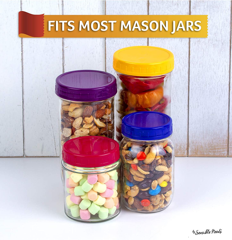 Sensible Needs 16 Pack Colored Plastic Storage Lids Mason Jar 8 Regular &Wide