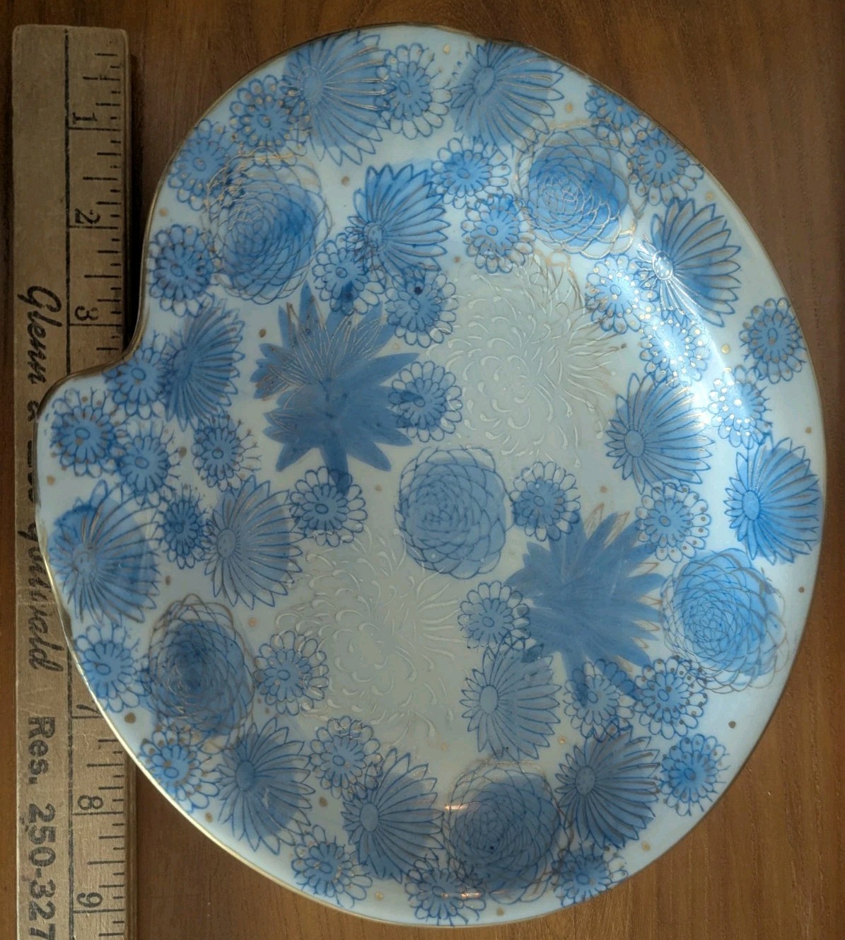 Vtg Kutani Gold Chrysanthemum Flower Japan Blue Trinket Dish Ashtray MCM Art