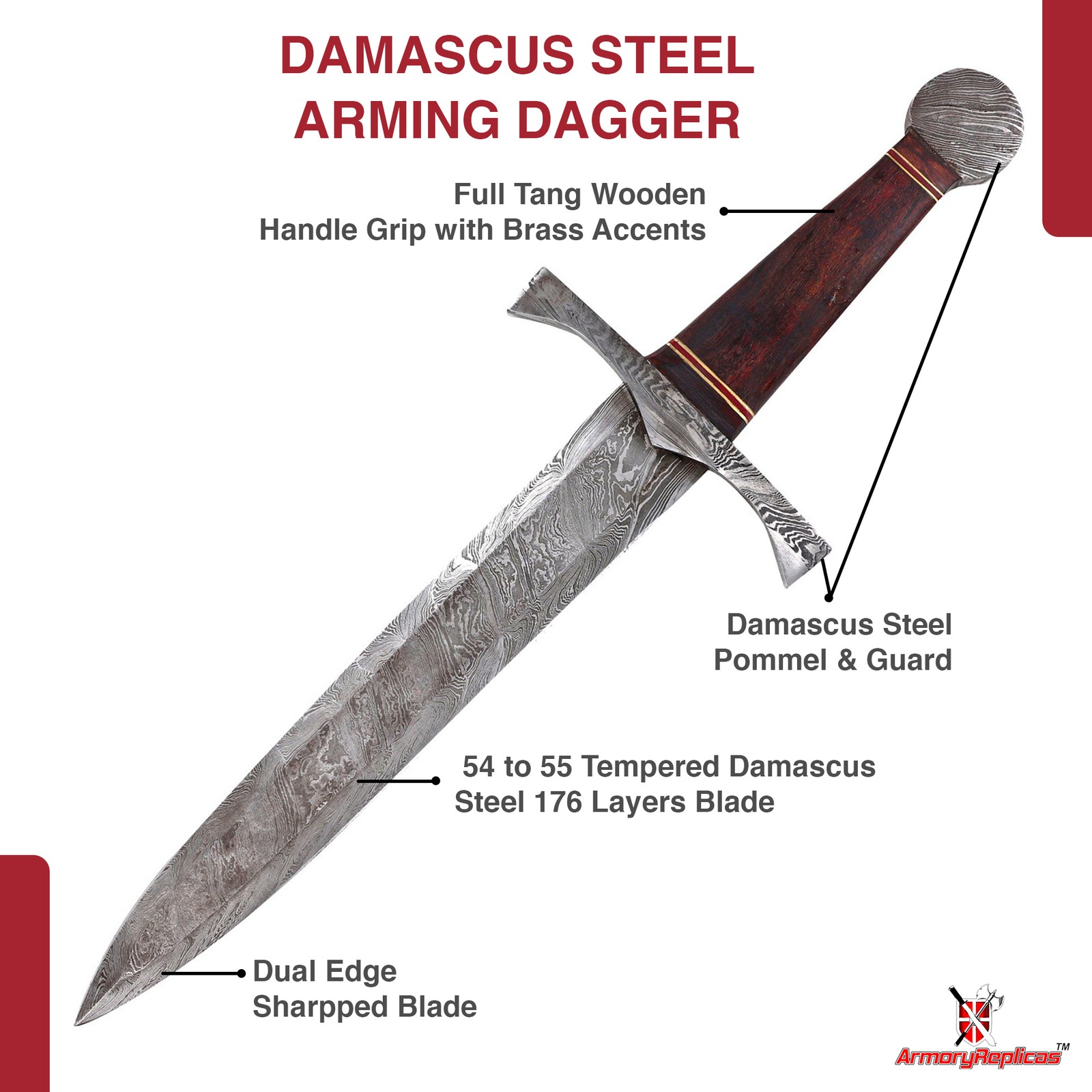 Damascus Steel Arming Dagger Full Tang Short Sword Sheesham Wood Brass w/ Sheath