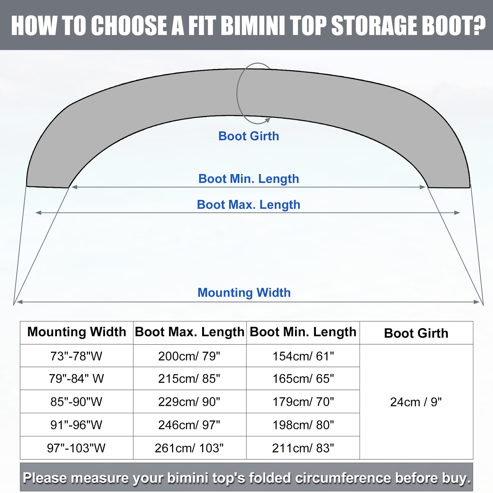 Boat Universal Bimini Top Storage Boot Cover with Light Hole 97"-103" W