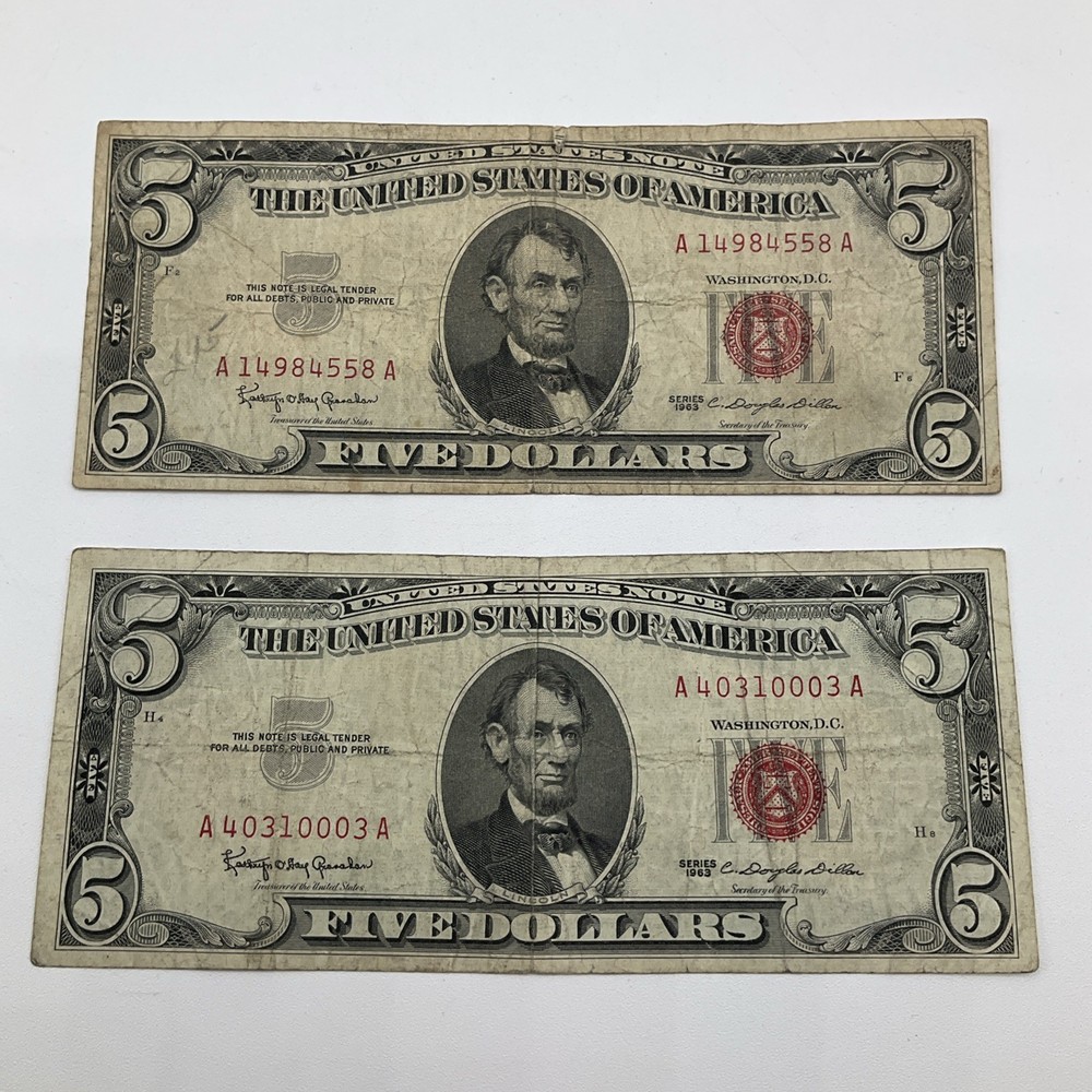 QTY (2) Series 1963 Five Dollar Bill $5 US Note Red Seal