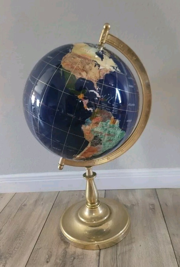 Globe Gemstone World Map Blue Lapis on Brass Stand  H 17”