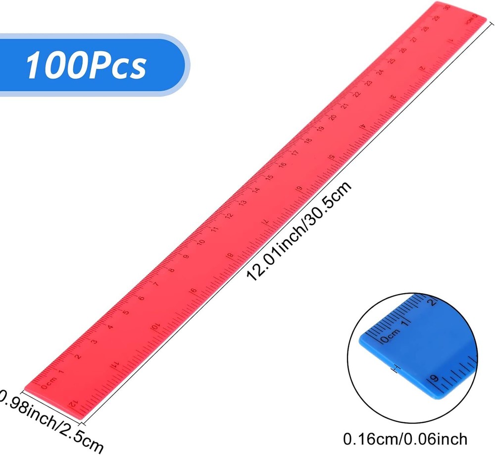 100 Pcs 12 Inch Plastic Ruler Assorted Colors Ruler with Centimeters Millimeter