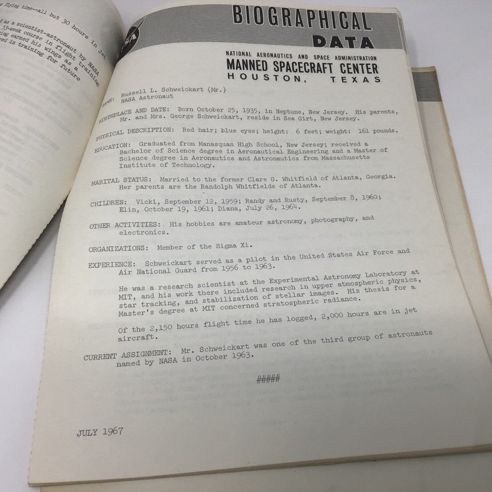 NASA Biographical Data sheet ( Revised July 1967) Astronaut Biographies