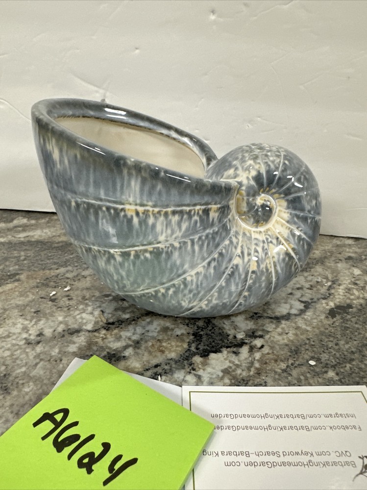 Barbara King 7" Glazed Ceramic Seashell Planter Mottled Beach Ocean Blue/gray