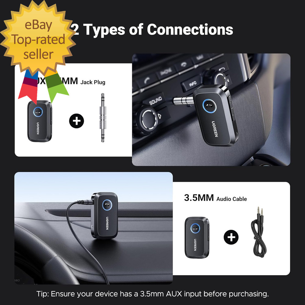 Bluetooth 5.4 Car Adapter Hands-Free Call & Noise Cancelling AUX to Bluetooth