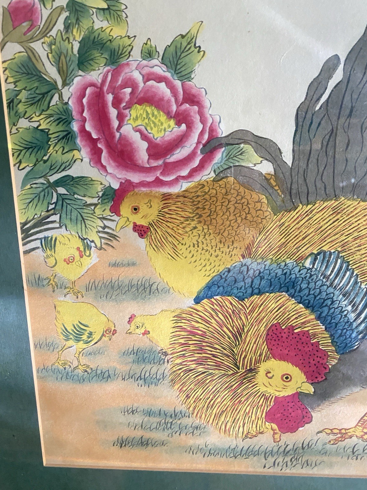 Vintage Asian Rooster & Peony Artwork