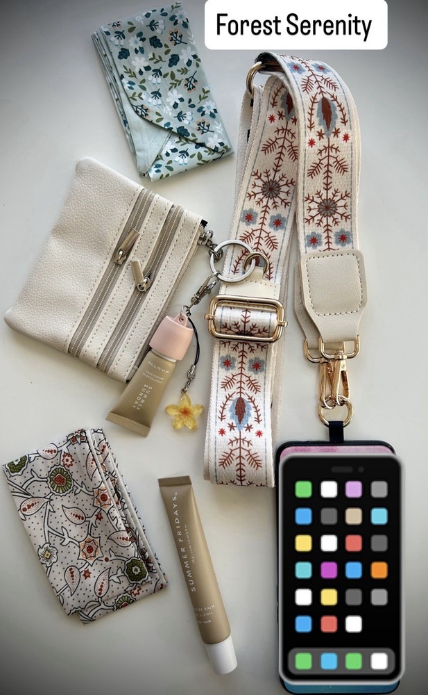 Floral Pattern Cell Phone Strap Set with Pouch and Charm, Adjustable, Universal