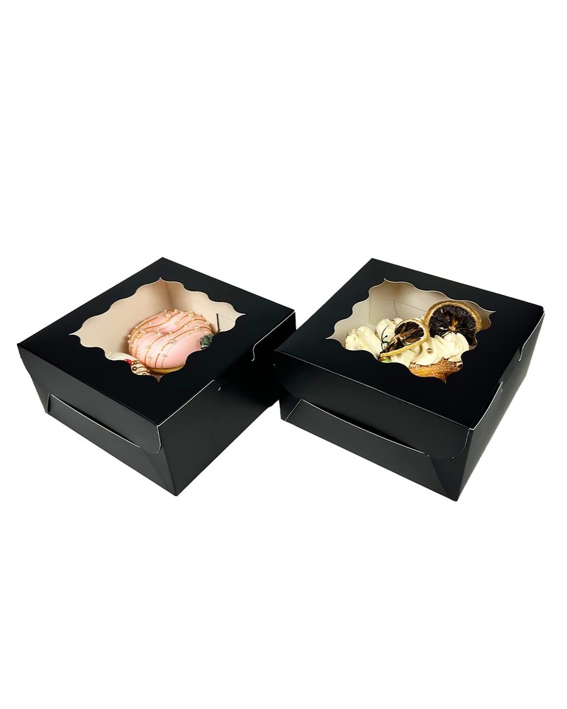 30 PCS Black Square Thick Sturdy Bakery Cookie Boxes with Window 6x6x3 Inch