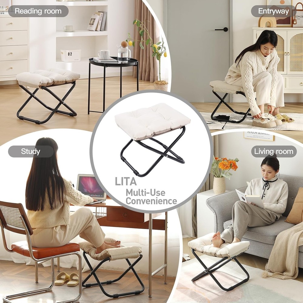 Folding Upholstered Footrest Stool W/ Straight & Square Shape Beige