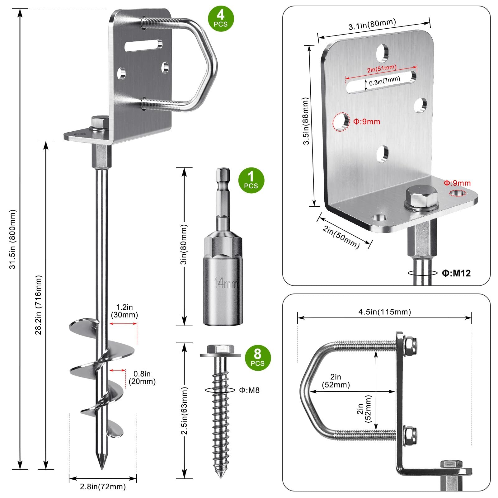 4 Pack 30" Ground Anchors Screw in Mobile Home Anchors Kits 2.8" Wide Tapered...