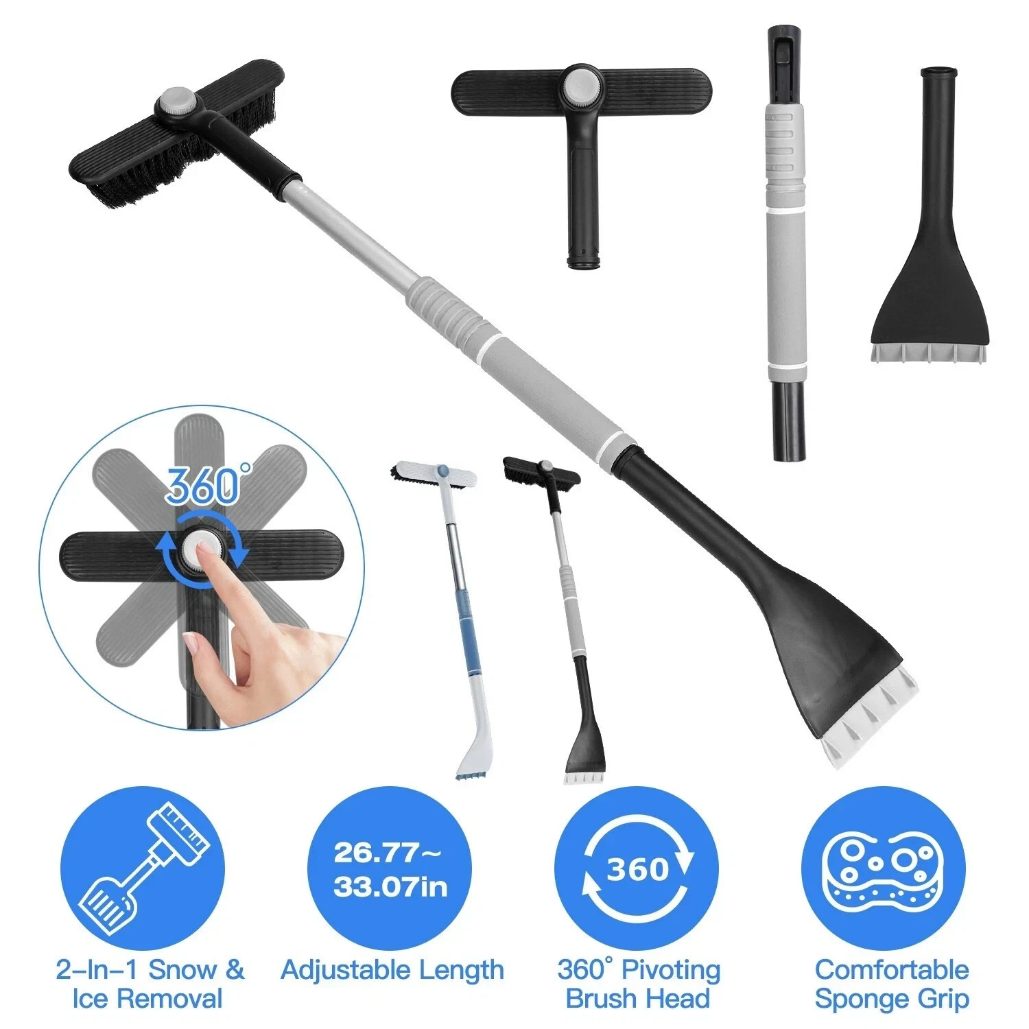 2 In 1 Ice Scraper Extendable Car Snow Brush Telescopic Auto Snow Removal Tool