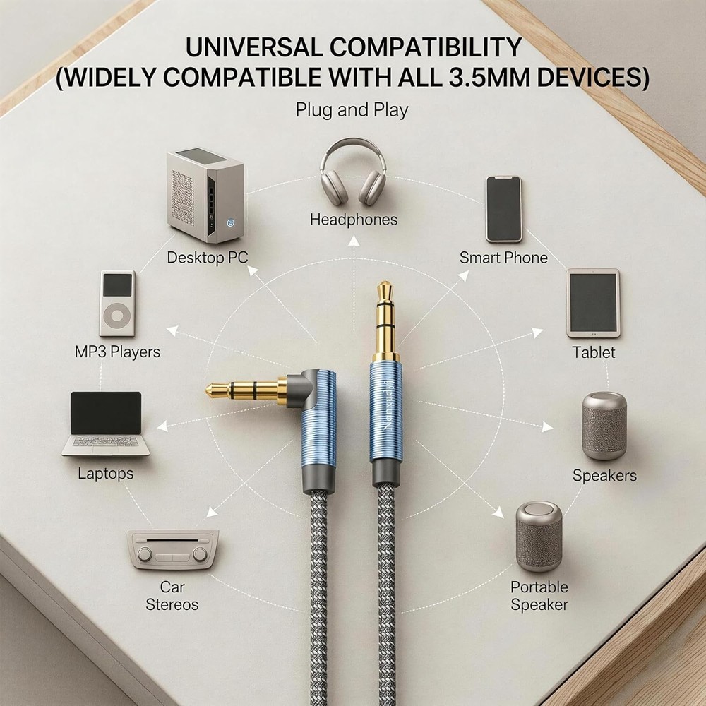 Durable 10ft 3.5mm Stereo Audio Cable - Tangle-Free Right Angle Connector