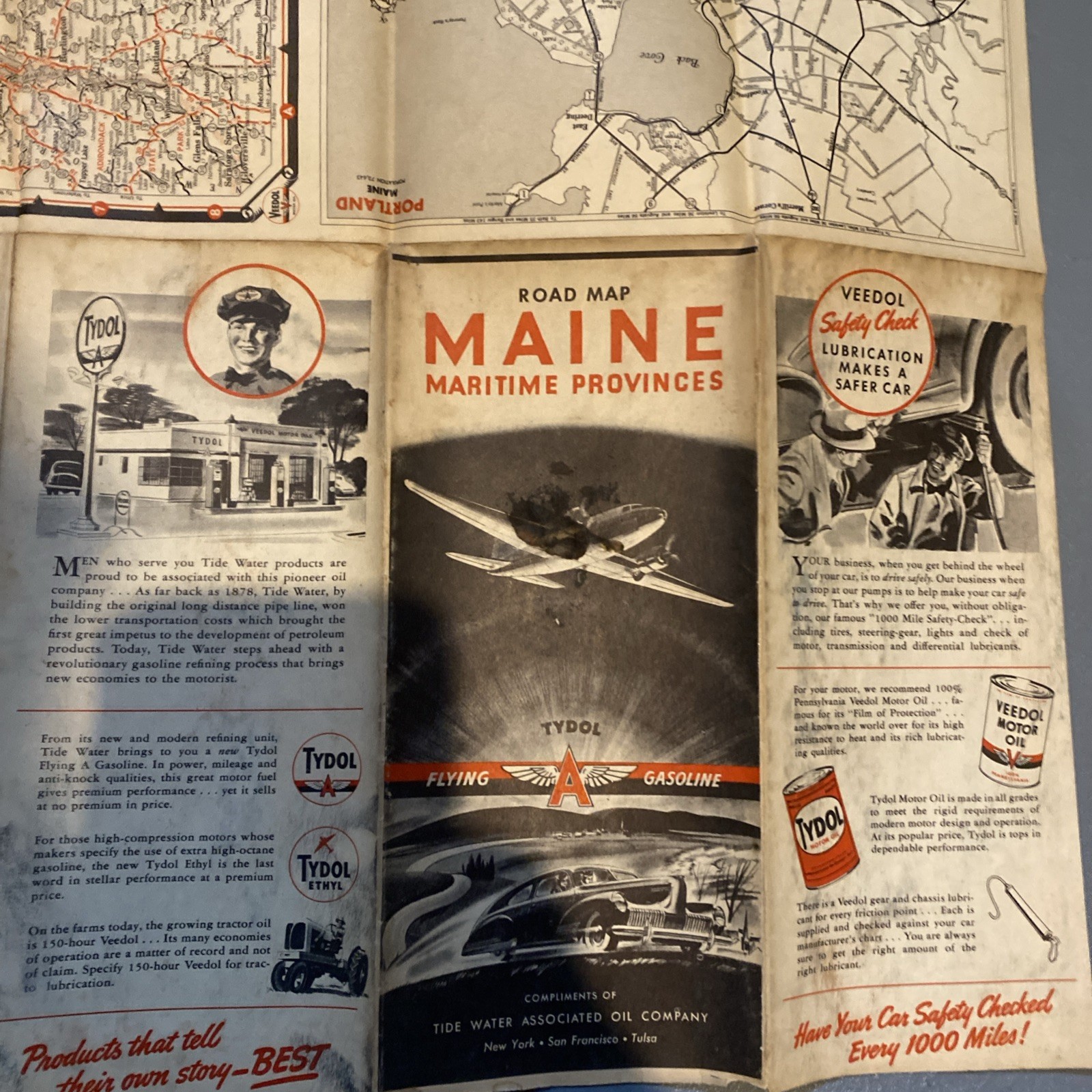 1941 Maine Maritime Province Road Map Tydol Flying A Gas Oil Advertising F32