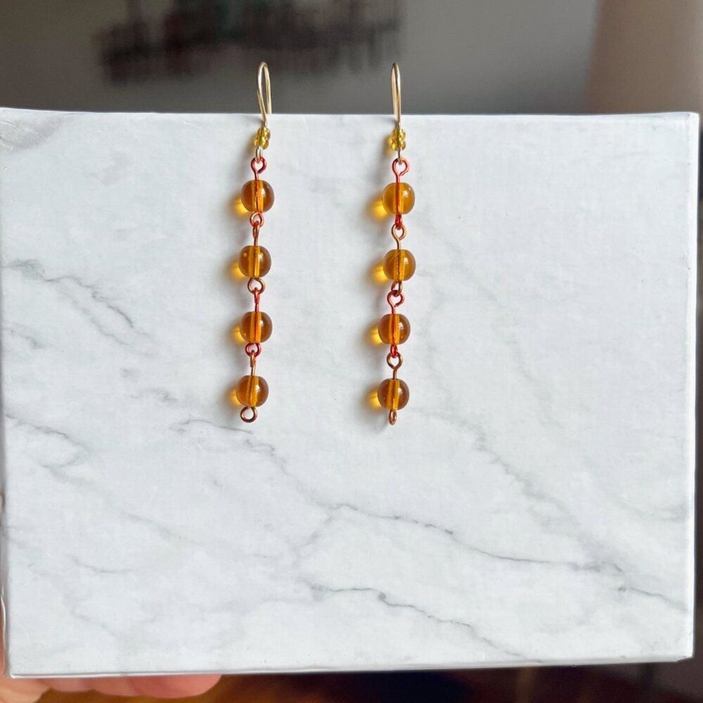Orange Amber Round Glass Bead Dangle Drop Earrings