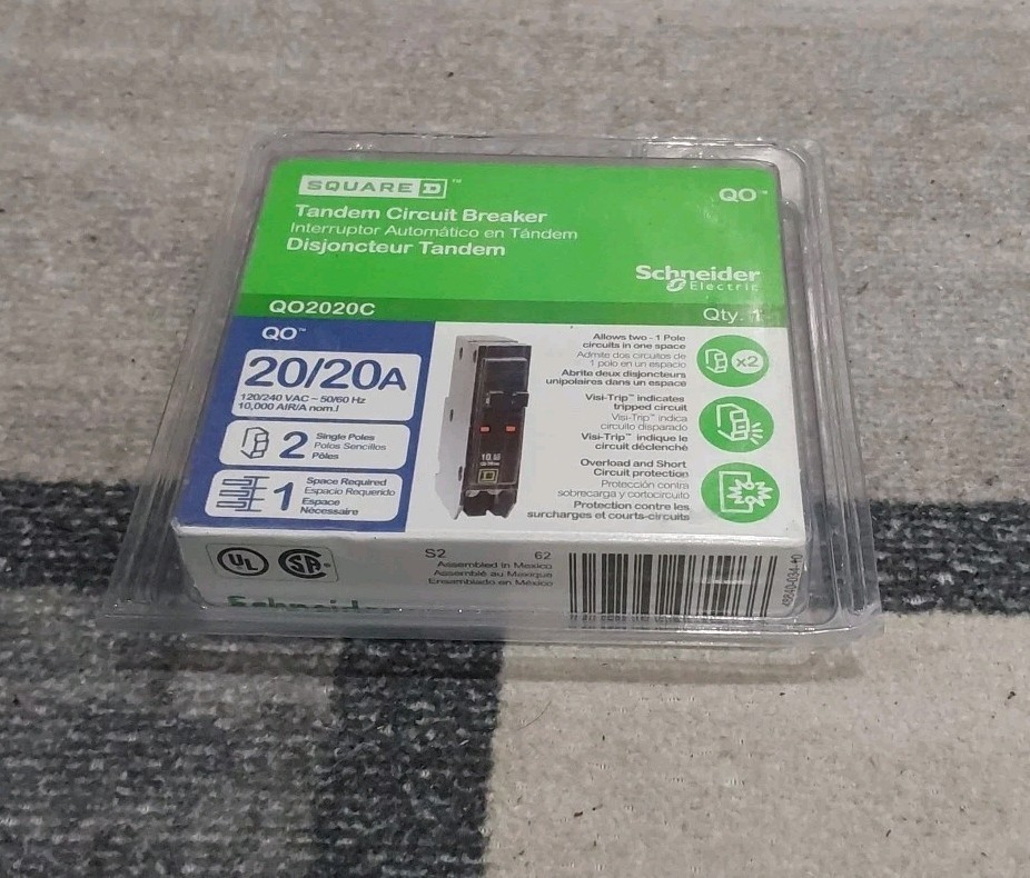 Square D QO2020C Amp Single Pole Tandem Circuit Breaker 120/240 VAC ~ 50/60 Hz