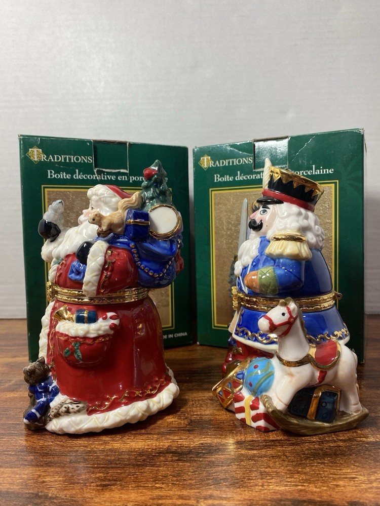 2 Traditions Porcelain Decorative Keepsake Box Hand Painted Santa & Nutcracker
