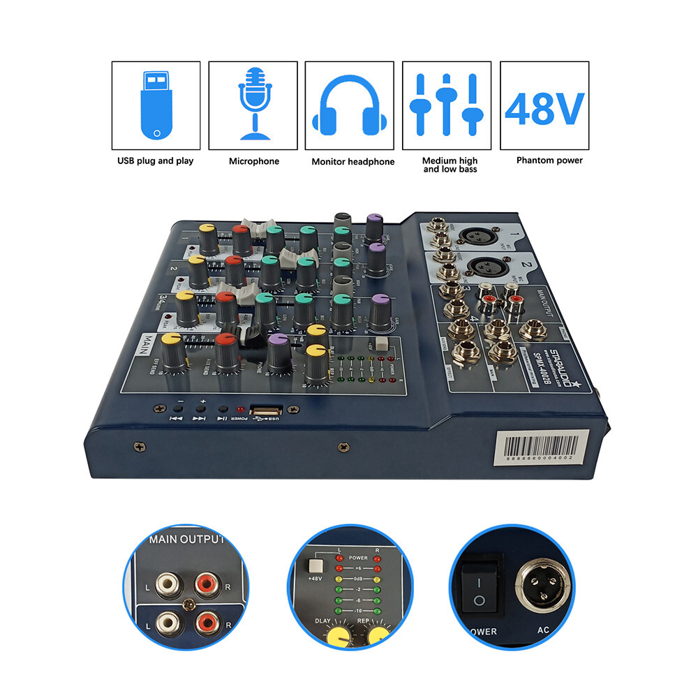 4CH Audio Mixer DSP Console Echo Effect Processor USB Interface Mixing System