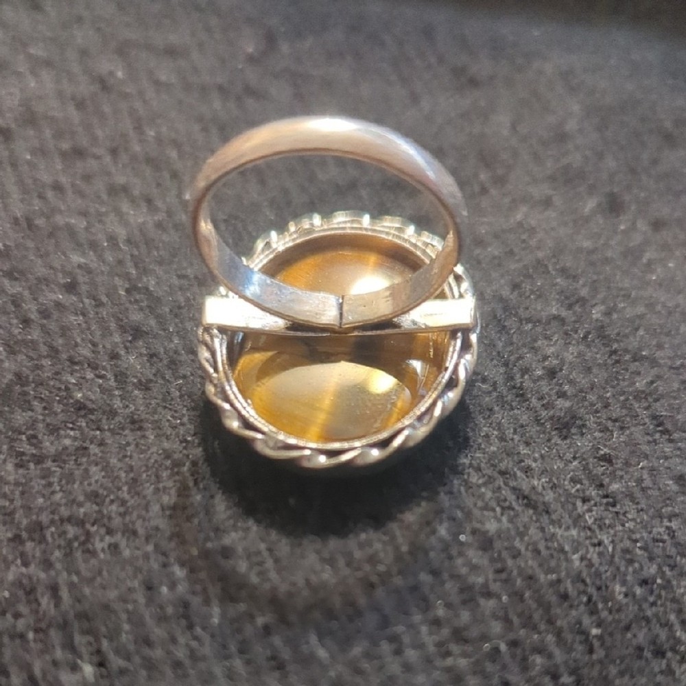 Silver Plated Brown Tiger's Eye Gemstone Oval Statement Ring - Size 8.75