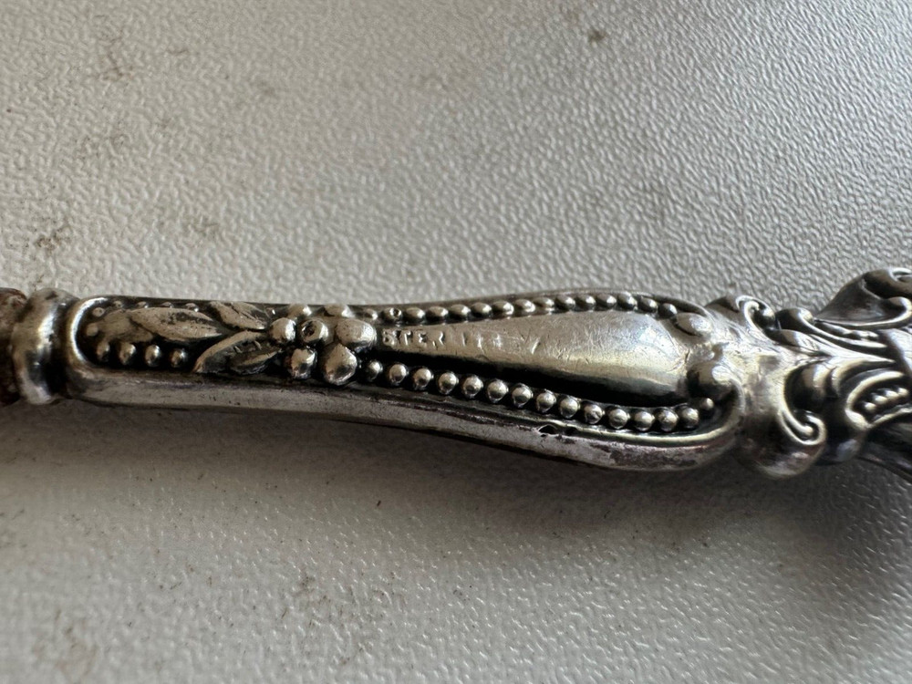 Antique Sterling Silver Handle Button Hook w/ Beaded & Fleur de Lis Design