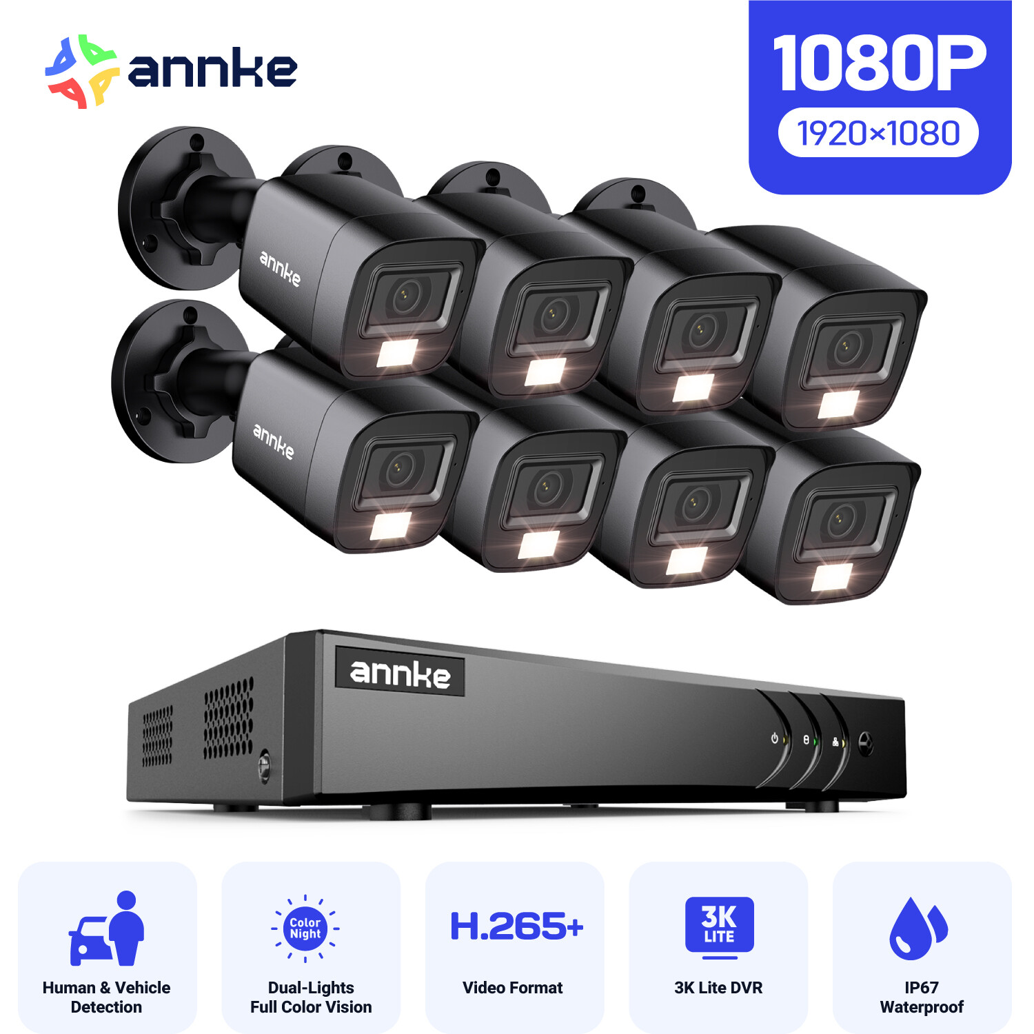 ANNKE 8CH 3K 5MP Lite DVR 1080P CCTV Security Camera System Outdoor Color Night