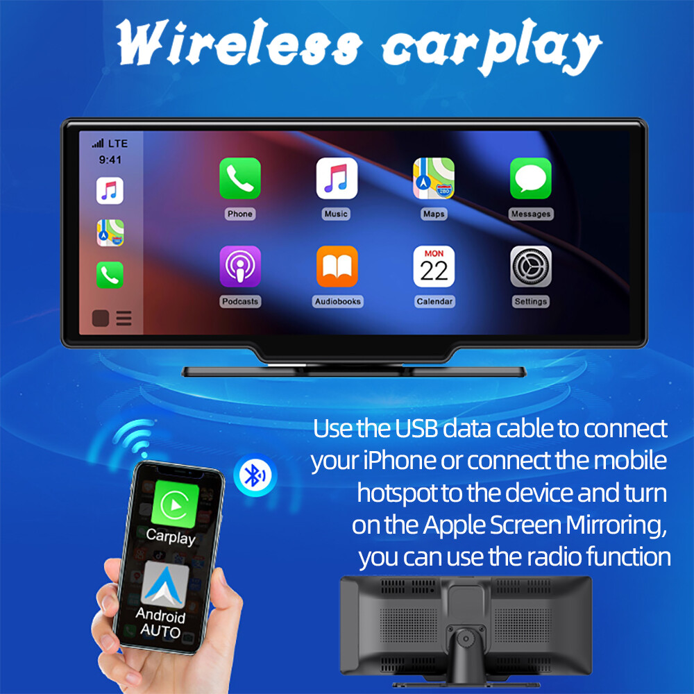 10" Portable Bluetooth Car Stereo Wireless CarPlay Android Auto Touch Screen AUX