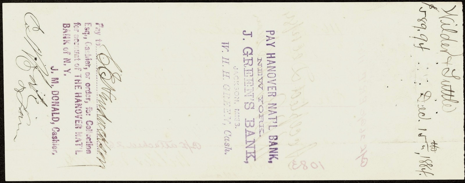 MS $1,162 JACKSON Mississippi Wilder & Tuttle Dec. 8, 1884 Merchant Draft