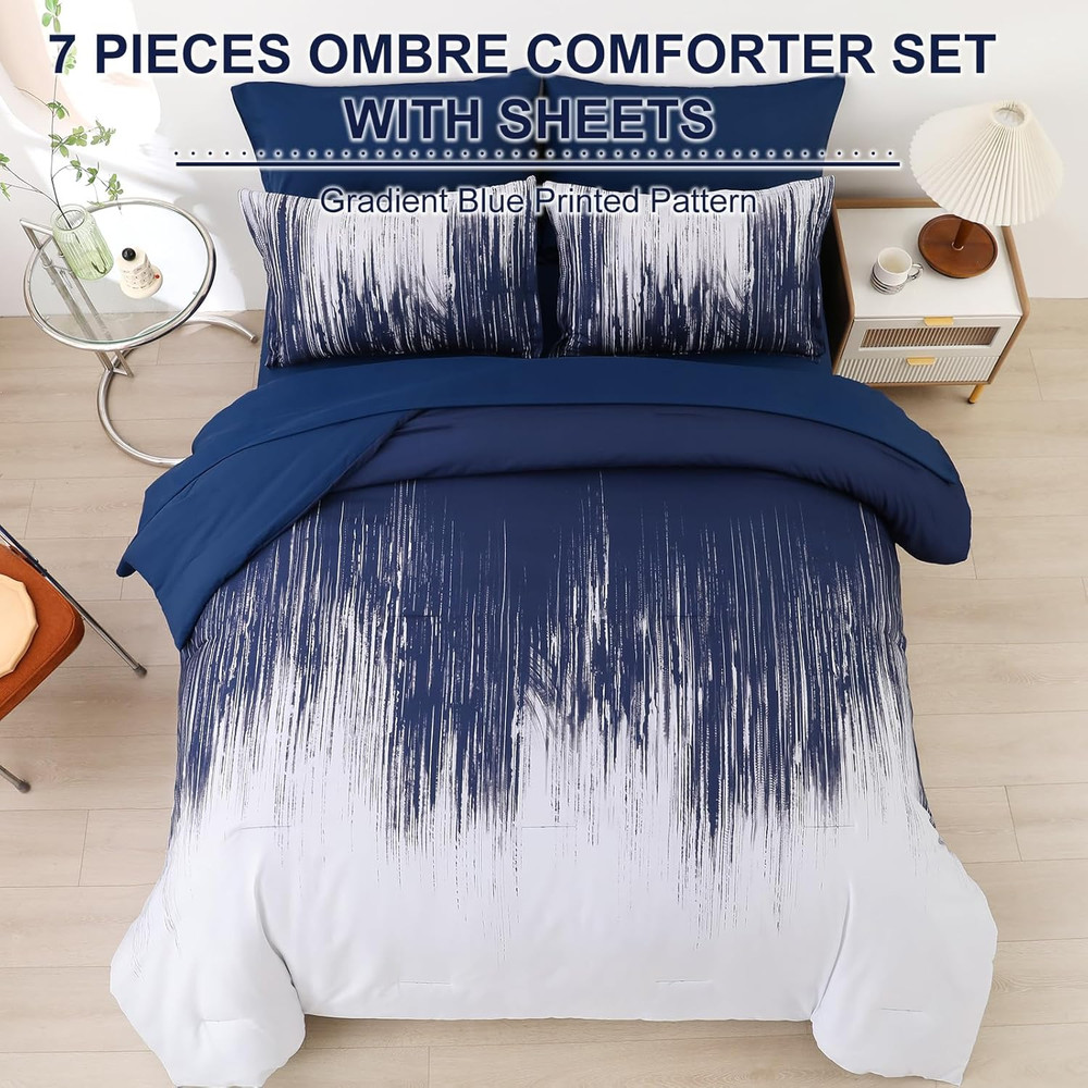 Ombre Blue Comforter Set Queen Size Gradient Navy Blue White Boho Bedding Set fo