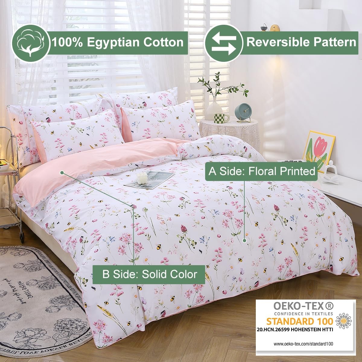 Pink Floral Duvet Cover Set Queen Size 100% Cotton 3 Piece Romantic Garden Fl...